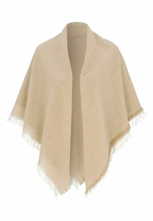 Beige uldet tørklæde med åben front og frynsede kanter, designet til at drape over skuldrene.