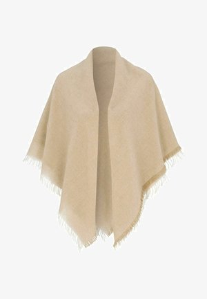 Beige uldet tørklæde med åben front og frynsede kanter, designet til at drape over skuldrene.