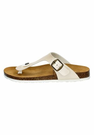 White leather thong sandal with adjustable buckle, cork footbed, and white rubber sole, designed for casual wear.