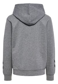 Felpa grigia con cappuccio a cordino, dal texture morbido e polsini a costine. Presenta dettagli neri lungo le maniche. Vista posteriore mostrata.