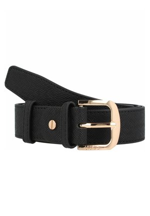Czarny, teksturowany pasek z sztucznej skóry z metalową klamrą w kolorze złotym i dekoracyjnym detalem w postaci ćwieków na pasku.
