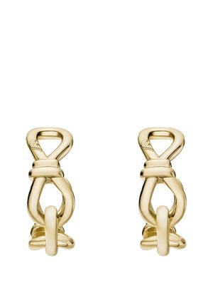 Øreringe af guldfarvet metal med et sammenflettet knudedesign med en glat tekstur og let buede former. Ingen synlige låse eller pynt.