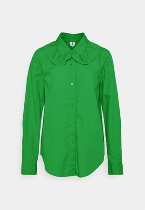 Green long-sleeve button-up shirt with a wide, ruffled collar and fitted cuffs.
