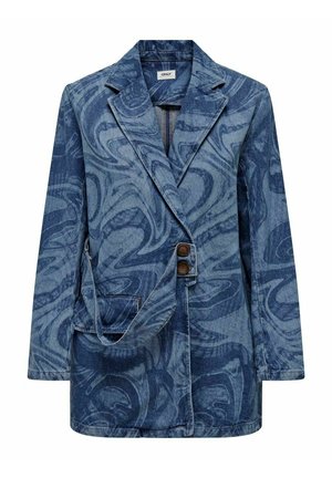 Niebieska dżinsowa marynarka z abstrakcyjnym wzorem spiralnym, podwójnymi brązowymi guzikami, klapami z nacięciami, przednią kieszenią i długimi rękawami.
