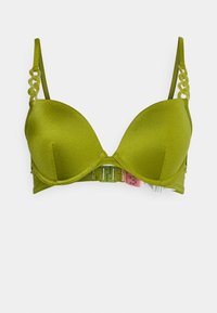 Sutiã acolchoado verde com alças ajustáveis e um design trançado. Tecido liso com uma textura brilhante. Fecho com gancho e olho nas costas.