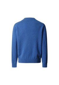 Blåstickad tröja med långa ärmar, rund halsringning och ribbade manschetter och nederkant. Slät textur med enfärgad mönstring.