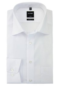 Camicia bianca dal taglio moderno, con colletto classico, abbottonatura frontale e maniche lunghe con doppio polsino. Tessuto liscio.