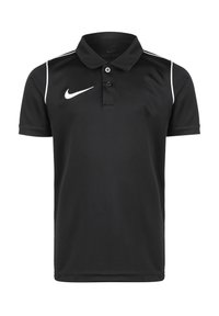 Černé polo tričko vyrobené z materiálu Dri-FIT s klasickým límcem, s bílými detaily a logem Nike na levé straně hrudi.