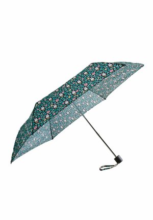 Parapluie compact avec un tissu vert foncé orné de petits motifs floraux roses, bleus et blancs, et une structure en métal noir. Comprend une sangle pour le poignet.
