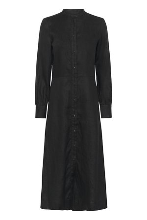 Čierne midi šaty s dlhým rukávom, s vysokým golierom, zapínaním na gombíky vpredu, priliehavým pásom a mierne rozšírenou sukňou.