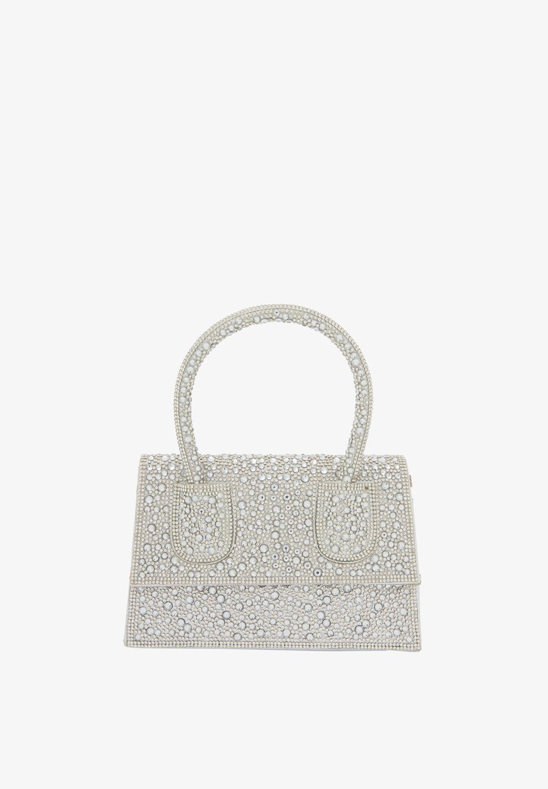 Torebka beaded o strukturalnym kształcie, z kremowym tłem i skomplikowanymi wzorami z błyszczących białych i srebrnych ozdób.