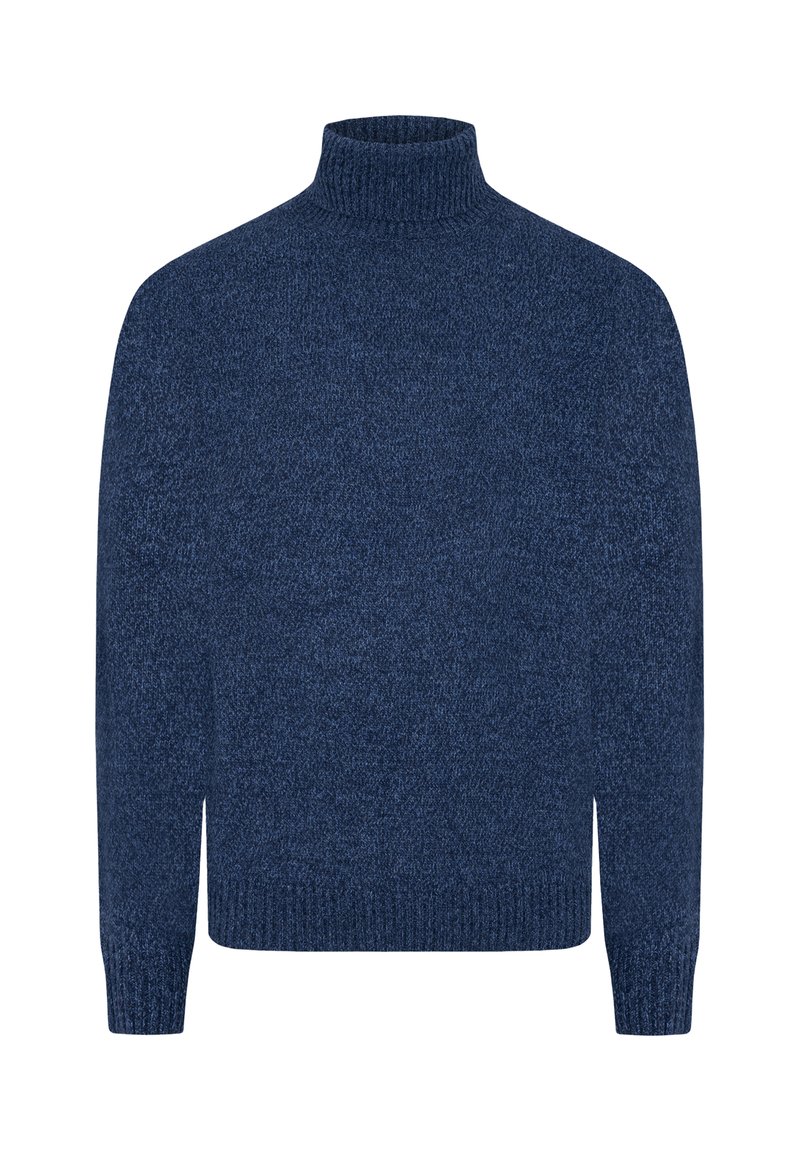 Maglione a collo alto blu navy realizzato in tessuto a maglia testurizzato, con maniche lunghe e polsini e orlo a costine. Design semplice e classico.