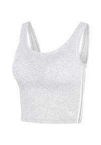 Hellgraues, gekürztes Tanktop mit breiten Trägern, dezenter Melierungen und weißem Adidas-Logo sowie drei Streifen an der Seite.