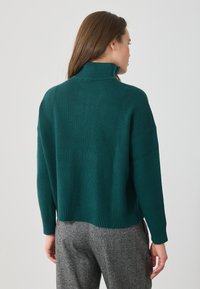 Πράσινη ριγέ ζακέτα με ψηλό λαιμό και χαμηλούς ώμους. Διαθέτει άνετη εφαρμογή και υφή πλέξης. Η πίσω όψη δείχνει το μήκος και το στυλ.