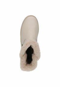 Light beige ankle boot with soft faux fur lining, smooth leather exterior, rounded toe, and black logo on the insole.