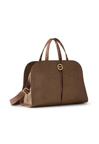 Brown textured handbag with dual top handles and an adjustable shoulder strap, featuring a small round gold clasp at the front center.