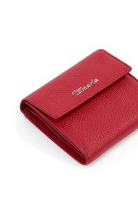 Red textured leather wallet with flap closure, featuring silver "Tamaris" logo on the front, displayed on white background.