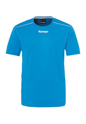 Blue athletic shirt made of smooth, lightweight fabric. Features a round neck, short sleeves, and white accents on the shoulders.