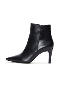 Botte cheville en cuir noir avec un bout pointu, texture lisse, fermeture à glissière à l'arrière et un talon haut élancé.