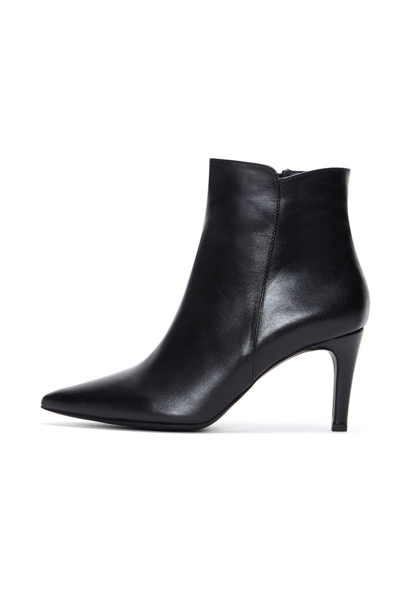 Botte cheville en cuir noir avec un bout pointu, texture lisse, fermeture à glissière à l'arrière et un talon haut élancé.