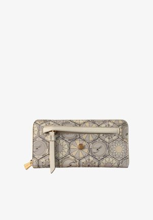 Portafoglio beige con motivo geometrico, loghi circolari con la scritta "GATTINONI SINCE 1946", tasca con zip e tiretto dorato.