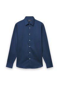 Marineblaue, langärmelige Hemdjacke mit klassischem Kragen, weißen Knöpfen und durchgehend glatter Textur.