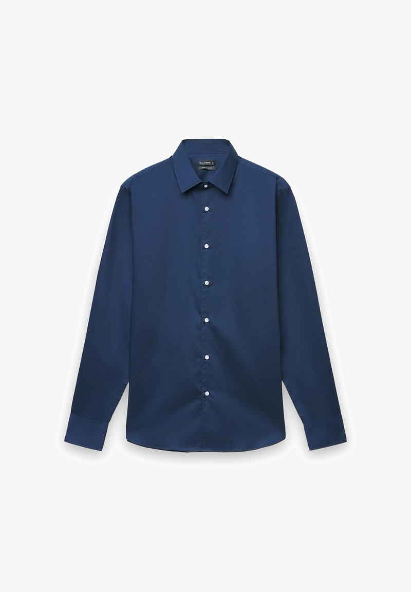 Marineblaue, langärmelige Hemdjacke mit klassischem Kragen, weißen Knöpfen und durchgehend glatter Textur.