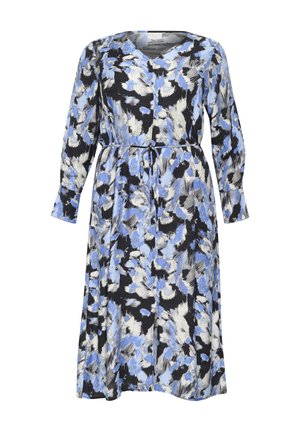 Vestido de manga larga con un patrón abstracto en azul, negro y blanco, con escote en V y un cinturón atado en la cintura. Ajuste casual.