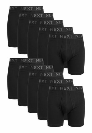 Schwarze Baumwoll-Boxershorts im Zehnerpack, mit einem elastischen Bund und dem grauen "NEXT"-Logo. Glatte Textur, mittellange Beine.
