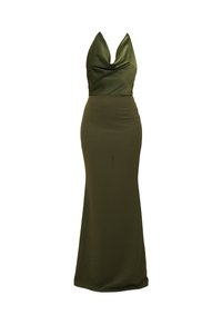 Rochie de seară verde măsliniu cu o siluetă ajustată, decolteu adânc în V și fustă lungă și fluidă. Fabricată dintr-un material neted și ușor.