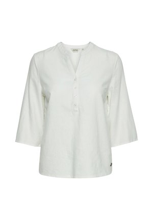 Hvit bluse for kvinner med trekvartermet, knappestolpe og rund hals med liten krave.