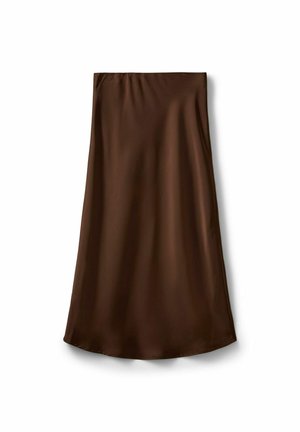 Jupe midi en satin marron foncé avec un design lisse, légèrement évasé et une taille haute, posée à plat sur un fond blanc.