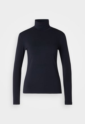 Navy turtleneck long-sleeve top. Made from soft fabric with a smooth texture. Features a fitted design and high collar without visible seams.