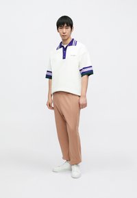 Biała polo z krótkim rękawem z fioletowo-zielonymi paskami, zestawiona z jasnobrązowymi plisowanymi spodniami i białymi trampkami.