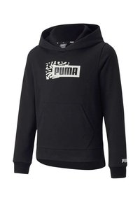 Felpa nera con cappuccio, dotata di tasca frontale, polsini a costine e un logo Puma bianco con un motivo a zebra sul petto.