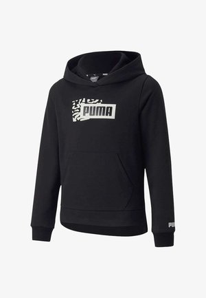 Felpa nera con cappuccio, dotata di tasca frontale, polsini a costine e un logo Puma bianco con un motivo a zebra sul petto.