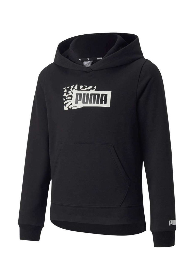 Felpa nera con cappuccio, dotata di tasca frontale, polsini a costine e un logo Puma bianco con un motivo a zebra sul petto.