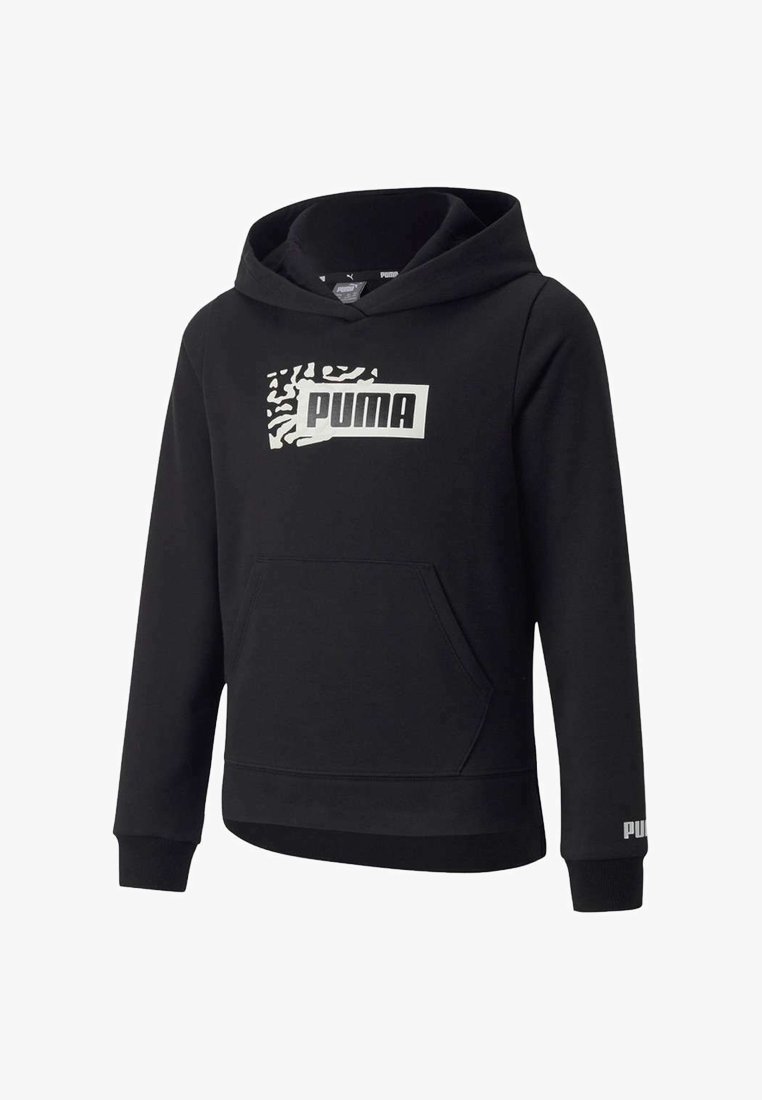 Felpa nera con cappuccio, dotata di tasca frontale, polsini a costine e un logo Puma bianco con un motivo a zebra sul petto.