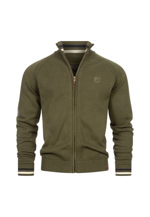 Maglione verde oliva a maniche lunghe con zip, polsini e collo a coste con due strisce bianche e una blu navy.