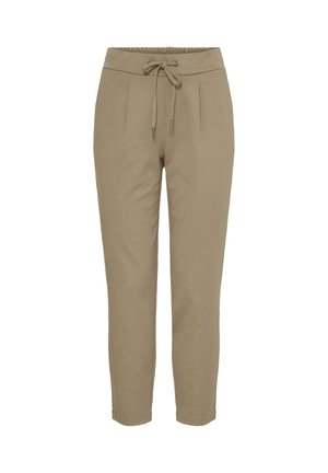 Kaki trenirka iz mehkega blaga z elastičnim pasom in vrvico, naborkom spredaj in zoženimi hlačnicami.