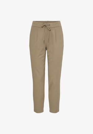 Khaki trenirka hlače od mekog tkanina, s elastičnim pojasevima s vezicama, naboranim prednjim dijelom i suženim nogavicama.