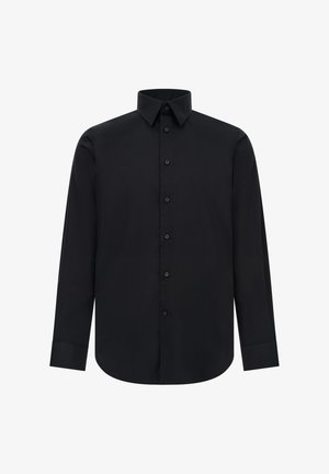 Melnas garās piedurknes krekls, izgatavots no gludas auduma, ar klasisku apkakli un pogu aizdari ar sešām pogām gar plauktu.