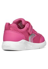 Pink breathable mesh toddler sneaker with white textured sole, adjustable Velcro strap, and reflective gray accent on side.