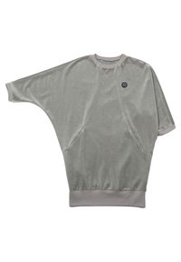 Jasnoszara, oversize bluza z krótkimi rękawami, okrągłym dekoltem, bocznymi kieszeniami oraz kontrastowym beżowym wykończeniem na kołnierzu i brzegu.