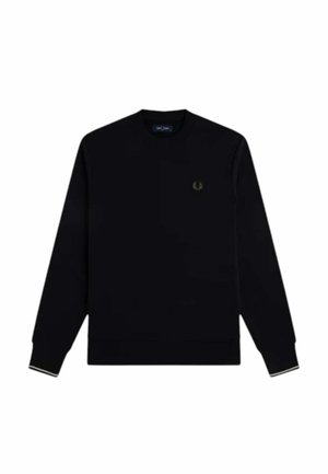 Maglione nero a maniche lunghe con collo a girocollo, con logo ricamato discreto sul petto sinistro e sottile striscia bianca sui polsini delle maniche.