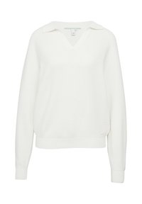 Witte pullover trui met een V-hals en kraag, met een geribbelde textuur en lange mouwen. Casual pasvorm met een bandrand aan de onderkant.
