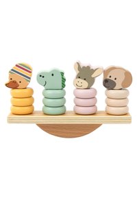 Wooden stacking toy with four animal heads: a duck in yellow and striped hat, green dinosaur, grey donkey, brown dog, each on colored rings.