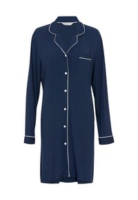 Chemise de pyjama en satin bleu marine avec des passepoils blancs, manches longues, fermeture par boutons, col et poche poitrine. Texture lisse.