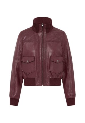 Bordeauxrød læderjakke med ribbet høj krave, manchetter og kant, foran lynlås og to forlommer med klap og trykknapper.