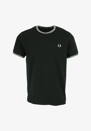 Camiseta de manga corta verde oscuro con cuello redondo ribeteado en blanco y un pequeño logo bordado en el pecho. Material de algodón.